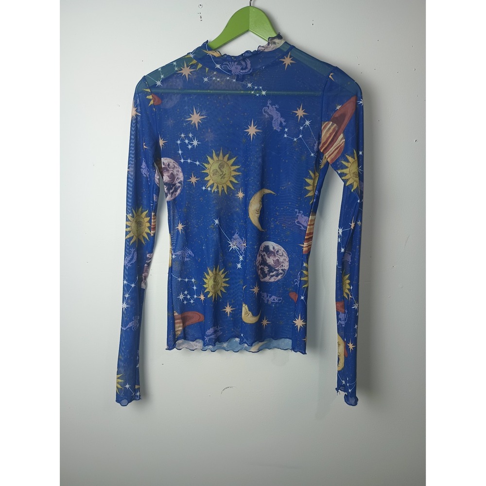 DollsKill Horoscopez Blue Mesh Celestial Sun Moon Zodiac Mock Neck Top Medium